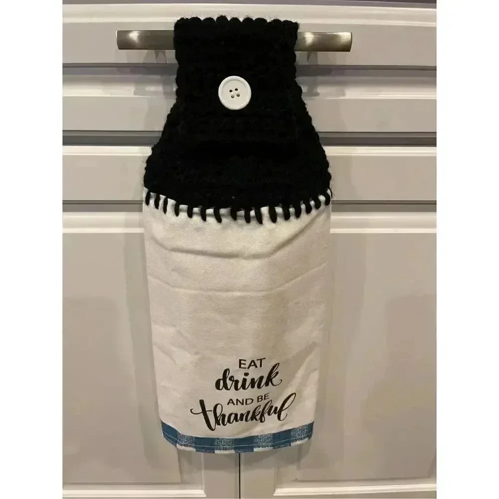 Crochet Top Kitchen Towel- Eat Drink And Be Thankful